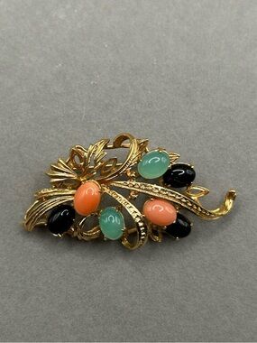 #75 Gold-Tone Multicolor Cabochon Floral Brooch - Black, Coral & Aqua